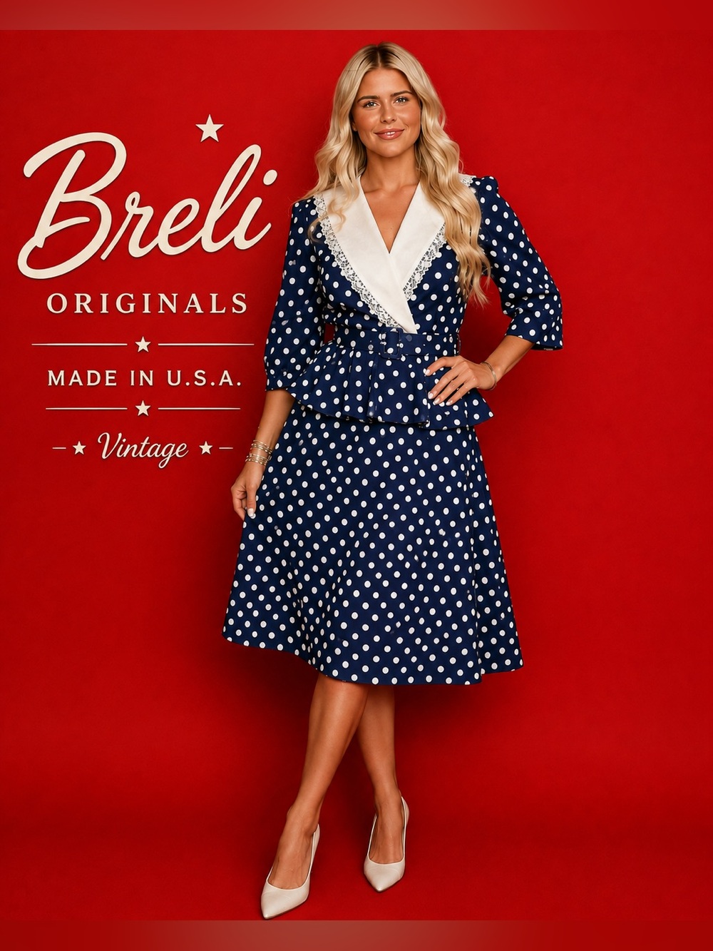 Vintage Breli Originals Navy Polka Dot Peplum Belted Midi Dress Lace Made USA